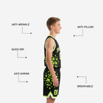 Back view of black youth basketball uniform showing player name and number 00 in neon green on matching shorts
