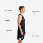 Back view of custom black youth basketball uniform showing back player name and number zones on solid black fully sublimated jersey and matching shorts