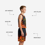 Back view of black youth basketball uniforms showing back player name and number placement above the orange flame sublimated graphic