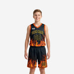 Front and back view of custom black youth basketball uniforms with orange and gold fire flame graphic print and matching shorts