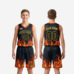 Size and specification sheet for custom black youth basketball uniforms with fire flame print in youth sizes