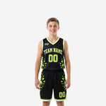 Custom black youth basketball uniforms front and back full set with neon green geometric triangle panels and white V-neck binding