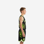 Front view of custom black youth basketball uniform set showing arched team name and neon green number 00 on chest