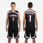 Youth basketball uniform size and specification sheet for black and white custom jersey and shorts set