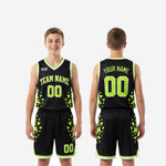 Youth basketball uniform size and specification sheet for black and neon green geometric custom set