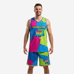 Custom basketball jersey and shorts in multicolor lime green sky blue and hot pink splatter pattern