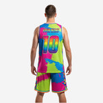 Blank basketball uniforms in rainbow splatter design, back view showing custom name and number 10