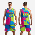 Blank basketball uniforms front and back view with rainbow gradient team name and player number