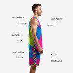 Blank basketball uniforms side view with anti-wrinkle, quick-dry, breathable and anti-pilling feature callouts