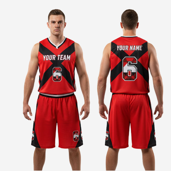 Full blank basketball uniform kit in red and black, jersey and shorts set by K2 Sportswear