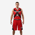 Blank basketball uniforms in red and black with X-panel jersey and matching shorts, front view