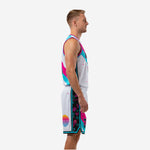 Blank basketball uniforms retro sunset design side view showing aqua trim and geometric shorts panel