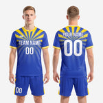Full blank soccer uniform set in royal blue and gold, jersey and shorts, sublimated team kit by K2 Sportswear