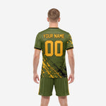 Blank soccer uniforms army green gold detail showing collar trim and sleeve accent