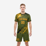Blank soccer uniforms in army green and gold paint splatter design, front view full kit