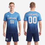 Full sublimated soccer uniform kit in sky blue and navy gradient, jersey and shorts complete set