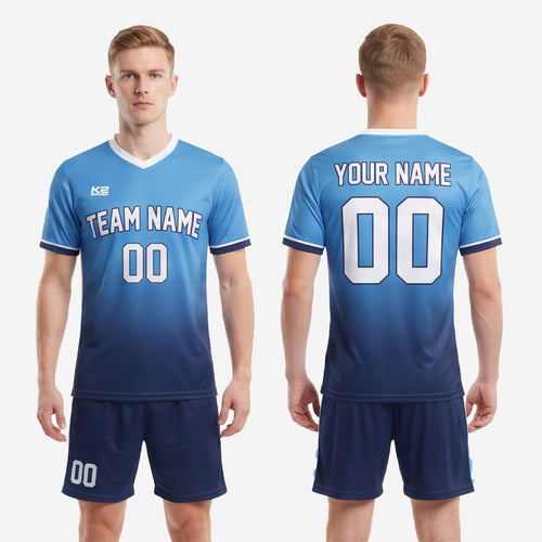 Full sublimated soccer uniform kit in sky blue and navy gradient, jersey and shorts complete set
