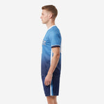 K2 Sportswear blank soccer uniforms showing gradient jersey and navy shorts with light blue side stripe, right side view
