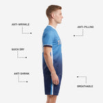 Back view of blank soccer uniforms in sky blue and navy gradient with player number placement