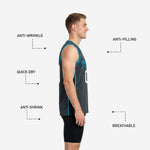 Back view of charcoal and teal custom basketball jersey showing back number and player name print zones on full sublimated panel
