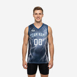 Custom blue and gray basketball jersey with full-panel lightning sublimation print, arced team name, and front number 00 on a male model, front view