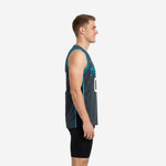 Men's charcoal and teal sublimated basketball jersey showing front number in white with black border and arched team name placement