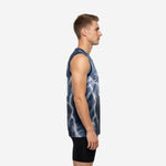 Men's custom blue and gray basketball jersey showing navy V-neck binding, lightning storm graphic across the chest, and bold white front number 00
