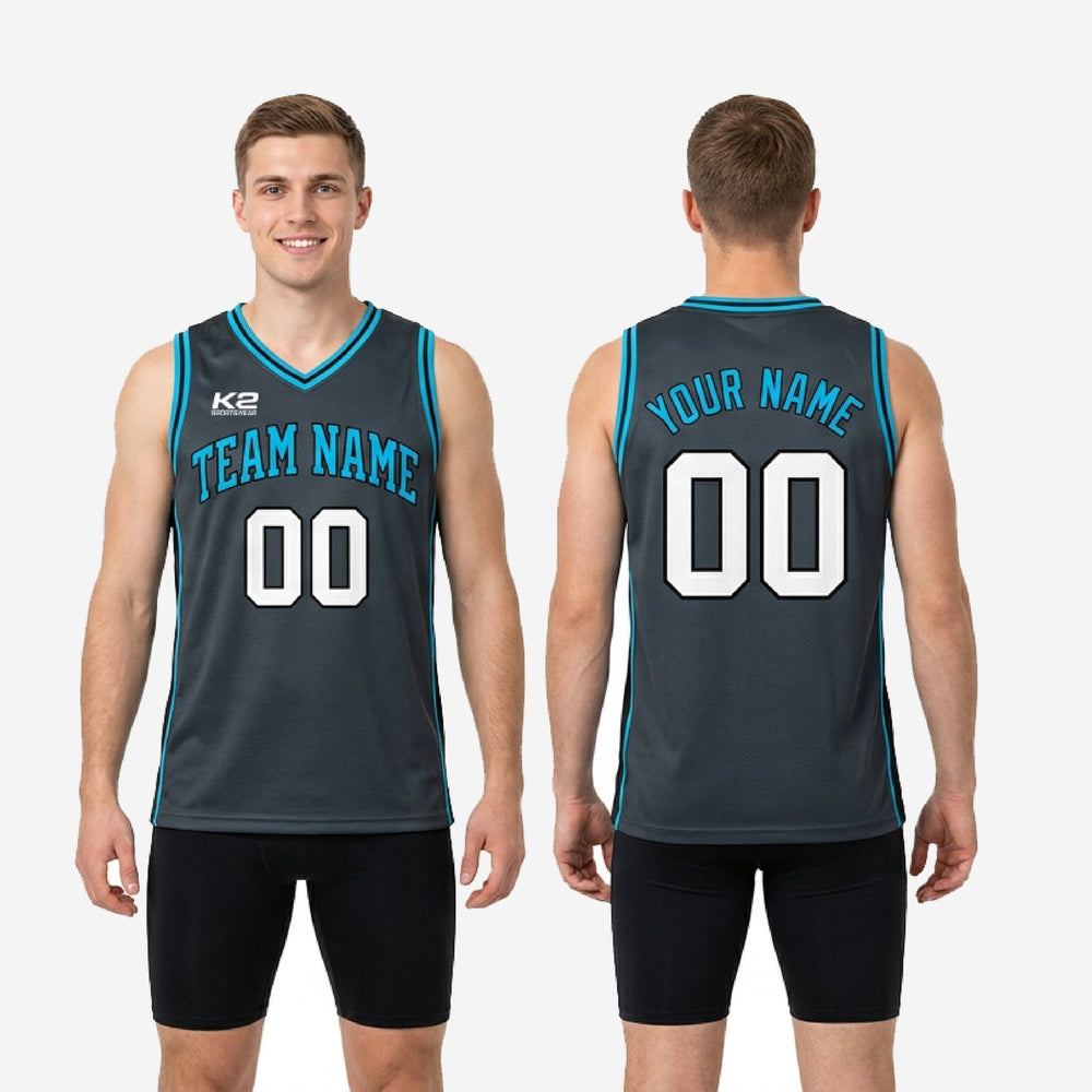 Custom Blue and Gray Basketball Jersey for Club Teams - Teal Trim
