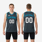 Size and spec chart for custom blue and gray basketball jersey available in youth and adult sizes for full roster orders