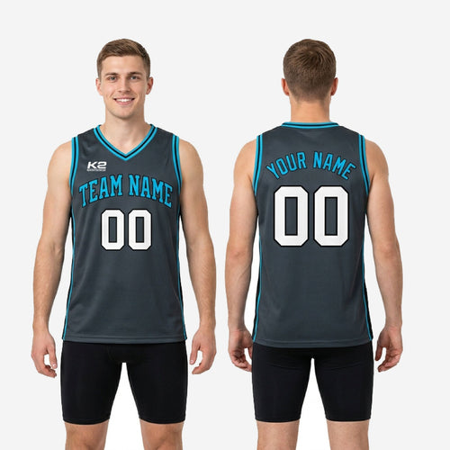 Size and spec chart for custom blue and gray basketball jersey available in youth and adult sizes for full roster orders