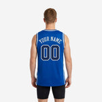 Right side view of blue and white basketball jersey displaying sleeveless athletic cut and tuck-in length straight hem