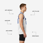 Back view of custom blue and white basketball jersey showing back player name and number placement in royal blue sublimated print on white body