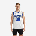 Custom blue and white basketball jerseys with royal blue V-neck binding, arced team name and front number 00 on a white body, front and back view