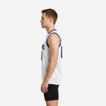Side view of custom blue and white sublimated basketball jersey showing sleeveless athletic cut, straight hem, and royal blue V-neck binding profile