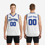 Size and spec chart for custom blue and white basketball jerseys showing youth and adult sizing available for full roster orders