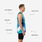 Back view of custom teal and navy blue and white basketball jersey showing back number and player name print placement