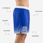 Back view of blue and white basketball shorts with sublimated halftone dot design and white elastic waistband, player number on back thigh