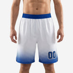 Blue and white basketball shorts with royal blue halftone dot fade at the hem, solid blue elastic waistband, and sublimated player number 00 on the front leg