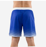 Custom blue basketball shorts with white dot fade pattern and internal drawcord waistband shown from the left side