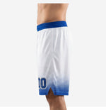 Other side view of blue and white basketball shorts showing the clean white body, fade pattern at the lower leg, and internal drawcord waistband
