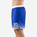 Men's sublimated blue and white basketball shorts with side split at the hem and structured white elastic waistband, opposite side view