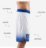 Size and specification sheet for custom blue and white basketball shorts showing available youth and adult sizes and print zones