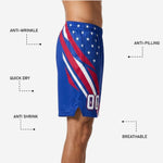 Back view of blue and white custom basketball shorts with star print across the hip and elastic waistband with internal drawcord detail
