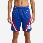 Front view of custom blue and white basketball shorts with white star field across hip and crimson slash stripes on both leg panels, player number 00 on right thigh