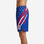 Right side view of blue and white basketball shorts with star pattern at hip and slash stripe detail wrapping around the outer thigh