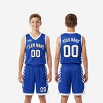 Back view of royal blue youth basketball jersey showing player name and back number in white sublimated print