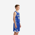 Custom blue and white youth basketball uniform front view showing arched team name and number 00 on royal blue jersey