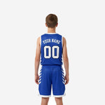Youth basketball uniform size and spec sheet for custom blue and white jersey and shorts set
