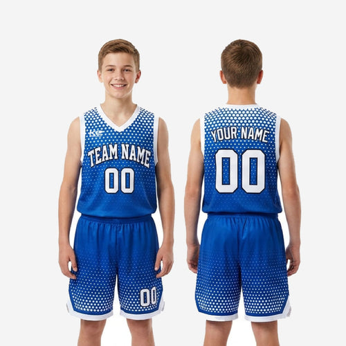 Custom Blue and White Youth Basketball Uniform - Club Crest