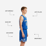 Back view of blue and white youth basketball uniform showing player name and number placement on royal blue jersey